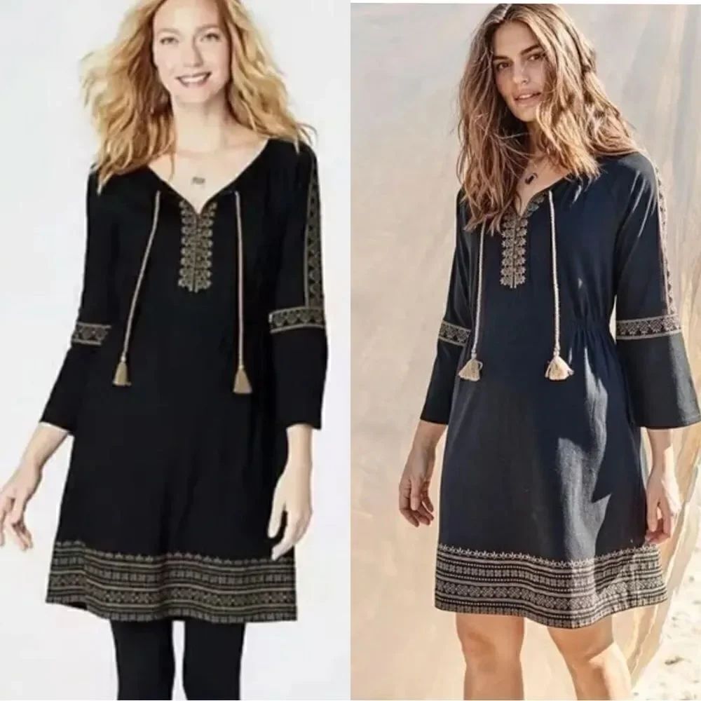 J. Jill Embroidered Peasant Mini Dress in Black and Gold Size Medium